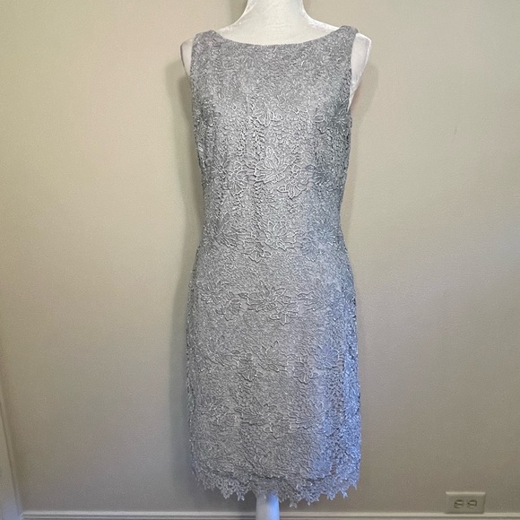 Lauren Ralph Lauren Metallic Silver Gray Lace Sheath Dress - Picture 1 of 16